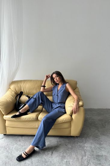 TENCEL CROP KOLSUZ GÖMLEK - PANTOLON TAKIM - İndigo resmi